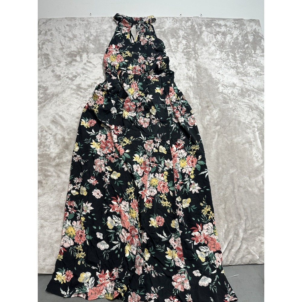 Xhilaration Boho Floral Maxi Dress Medium Black Keyhole Halter Tassel Summer